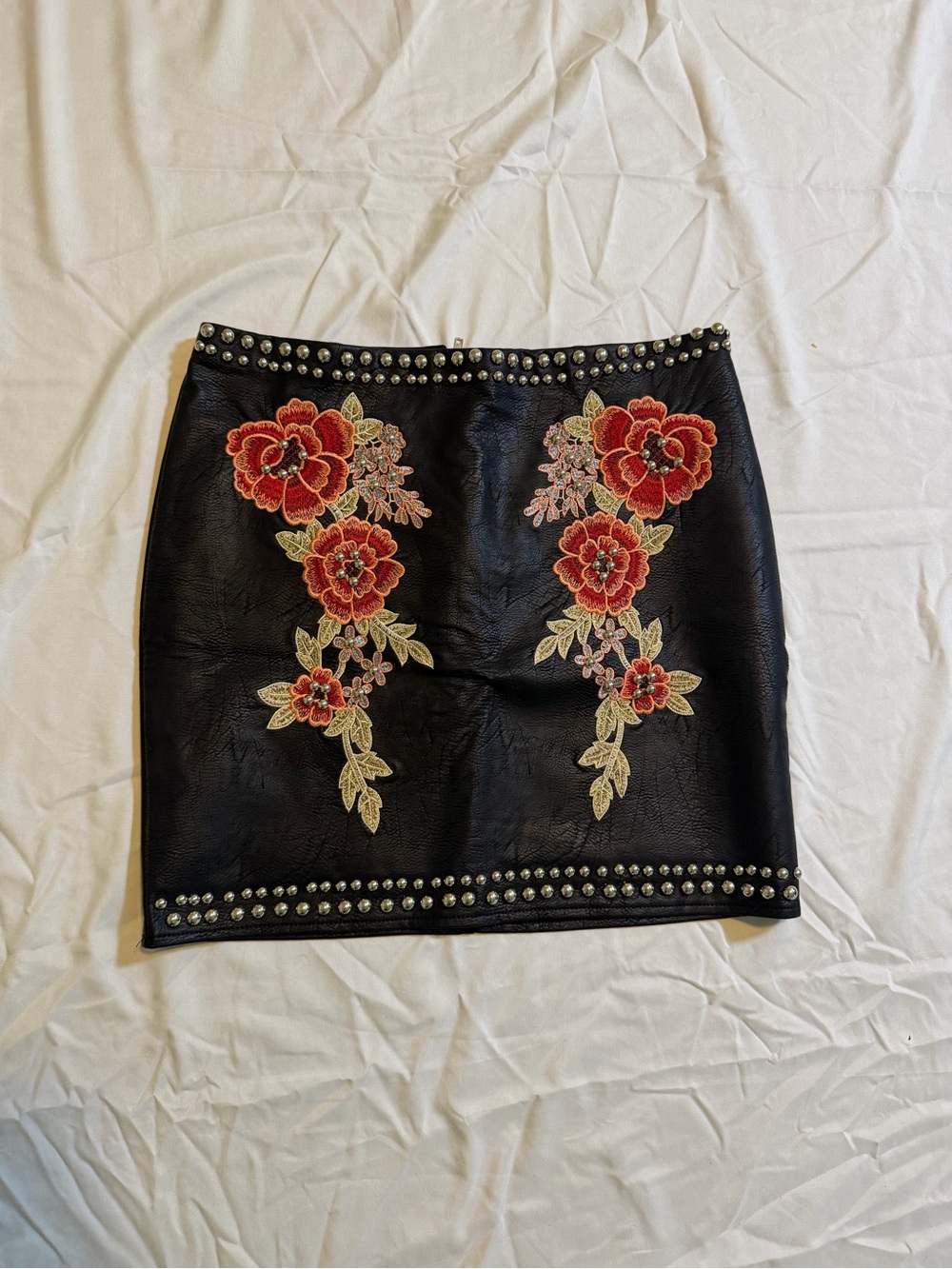 Romeo & Juliet Couture Black Mini Skirt with Red Floral Embroidery